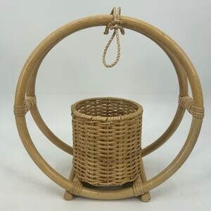 Vintage Hanging Plant Holder Woven Boho Rattan Wicker Bamboo Planter Vtg Decor